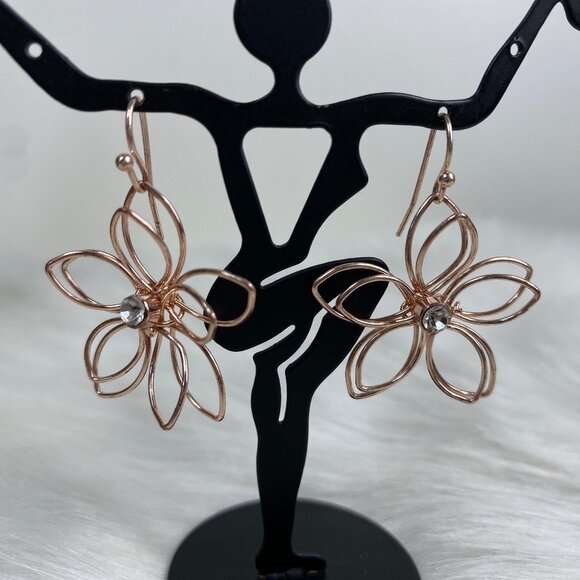 Rose Gold Tone Wire Flower Earrings Rhinestone Floral Dangle & Drop Earrings - Picture 1 of 6